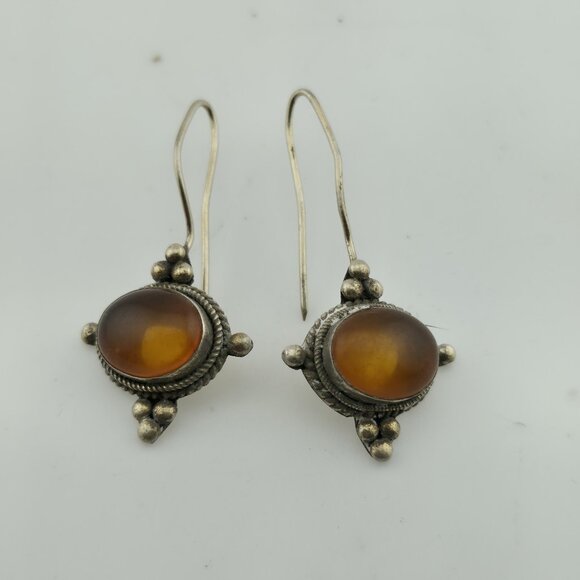 Vintage Sterling Silver 925 Earrings Yellow Stone - Picture 1 of 10